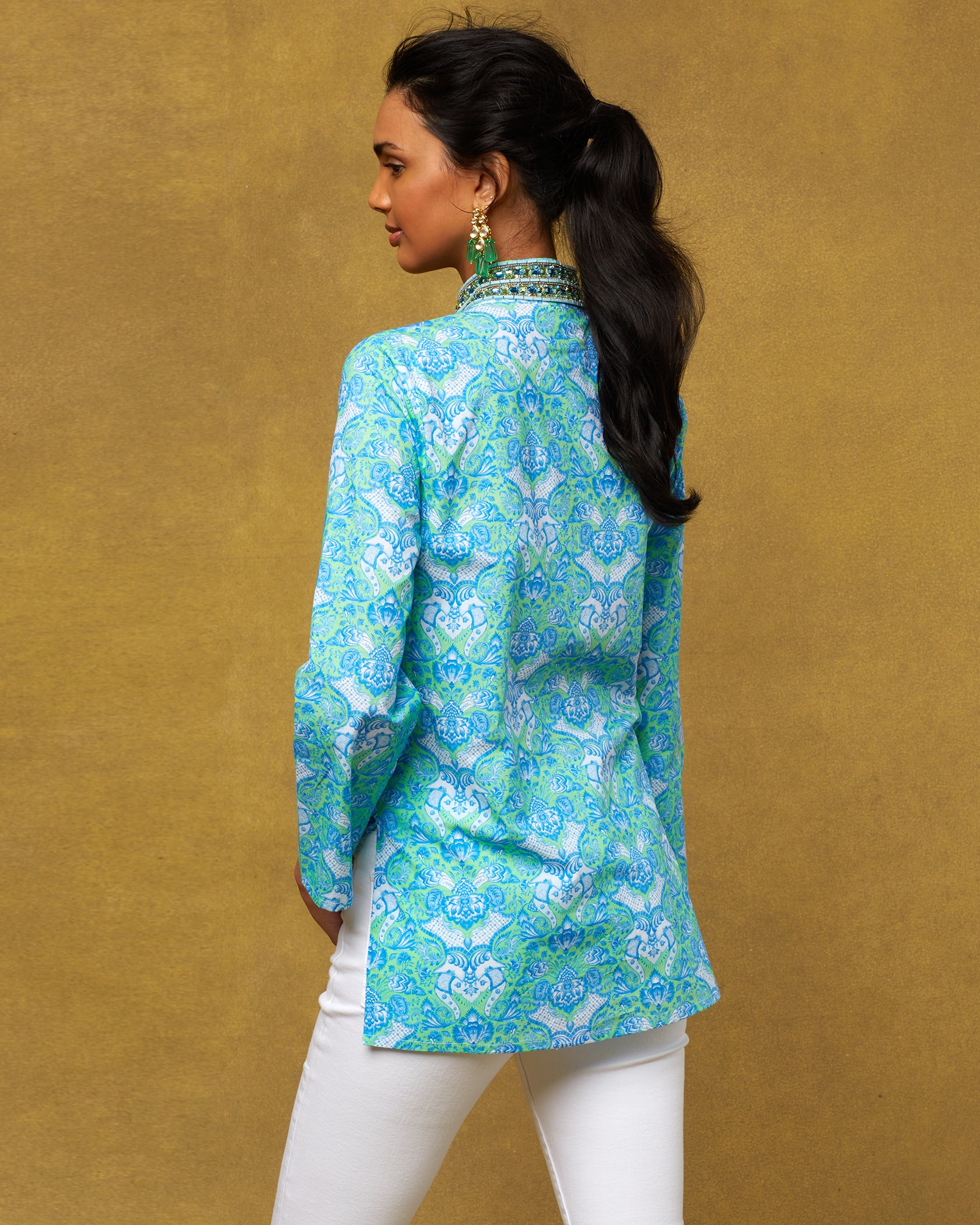 Shalimar Tunic in Turquoise and Green and Topaz Crystal Embellishment-Back View