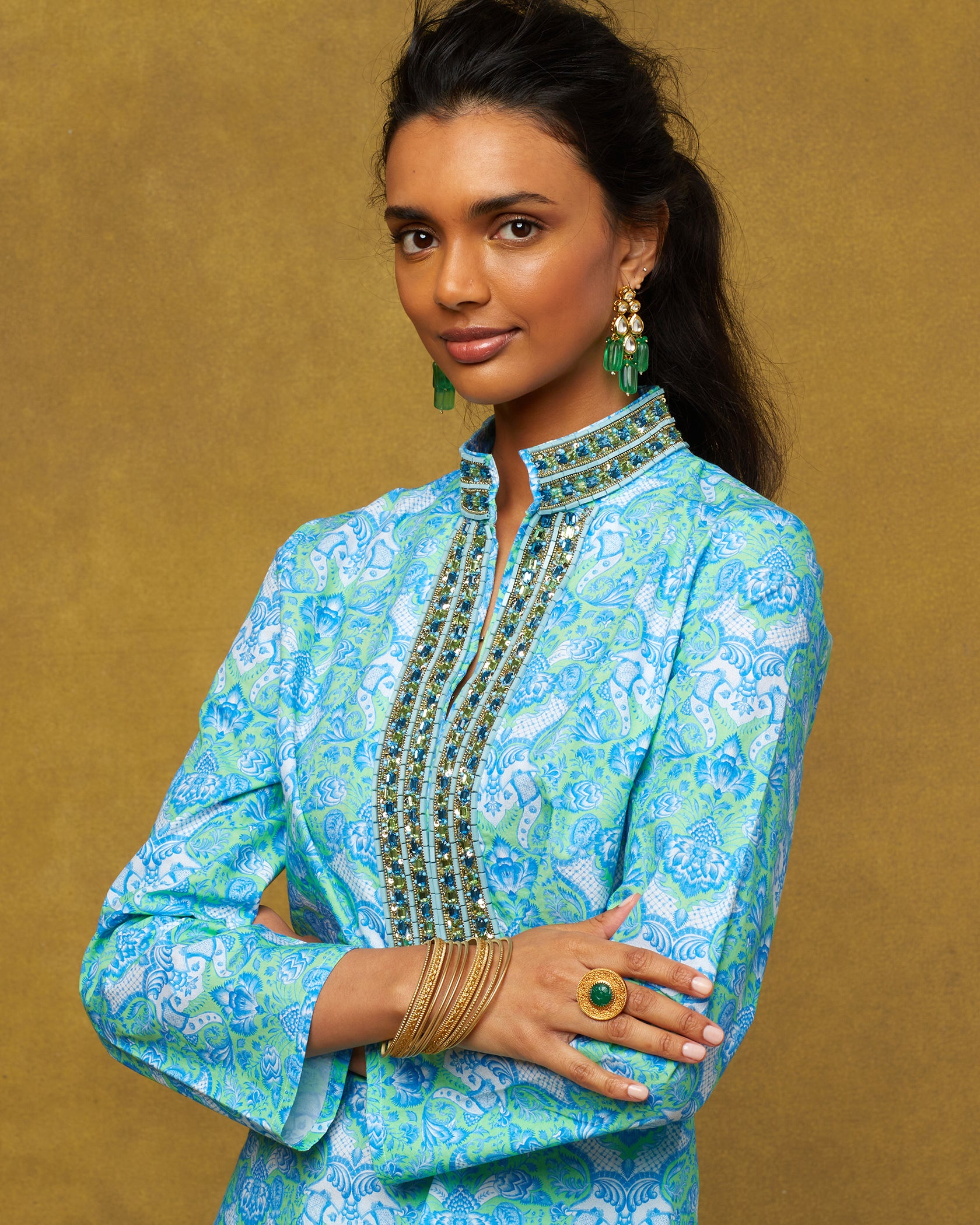 Shalimar Tunic in Turquoise and Green and Topaz Crystal Embellishment