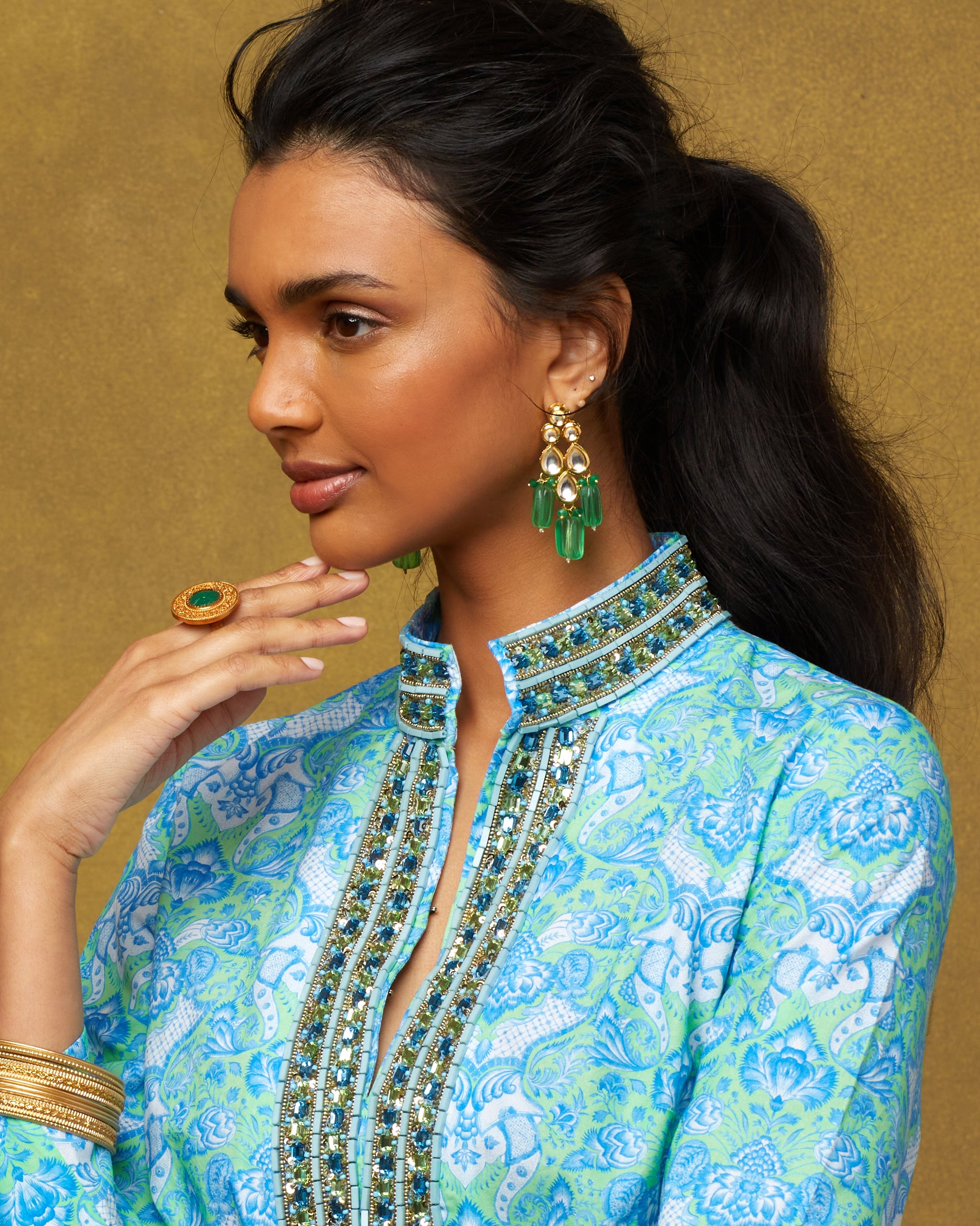 Shalimar Tunic in Turquoise and Green and Topaz Crystal Embellishment