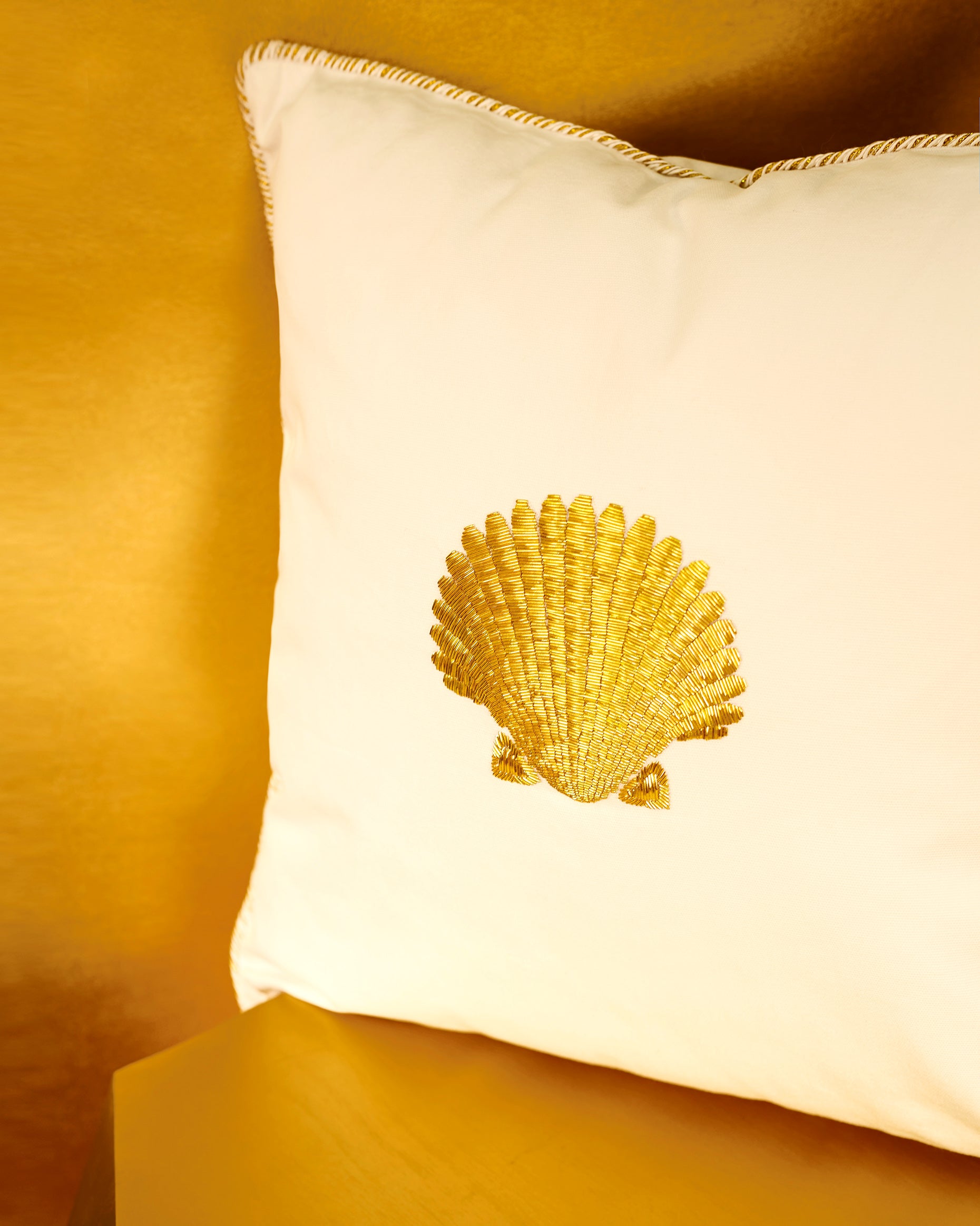 Capri Throw Pillow Embroidered with Gold Bullion Seashell-Closeup