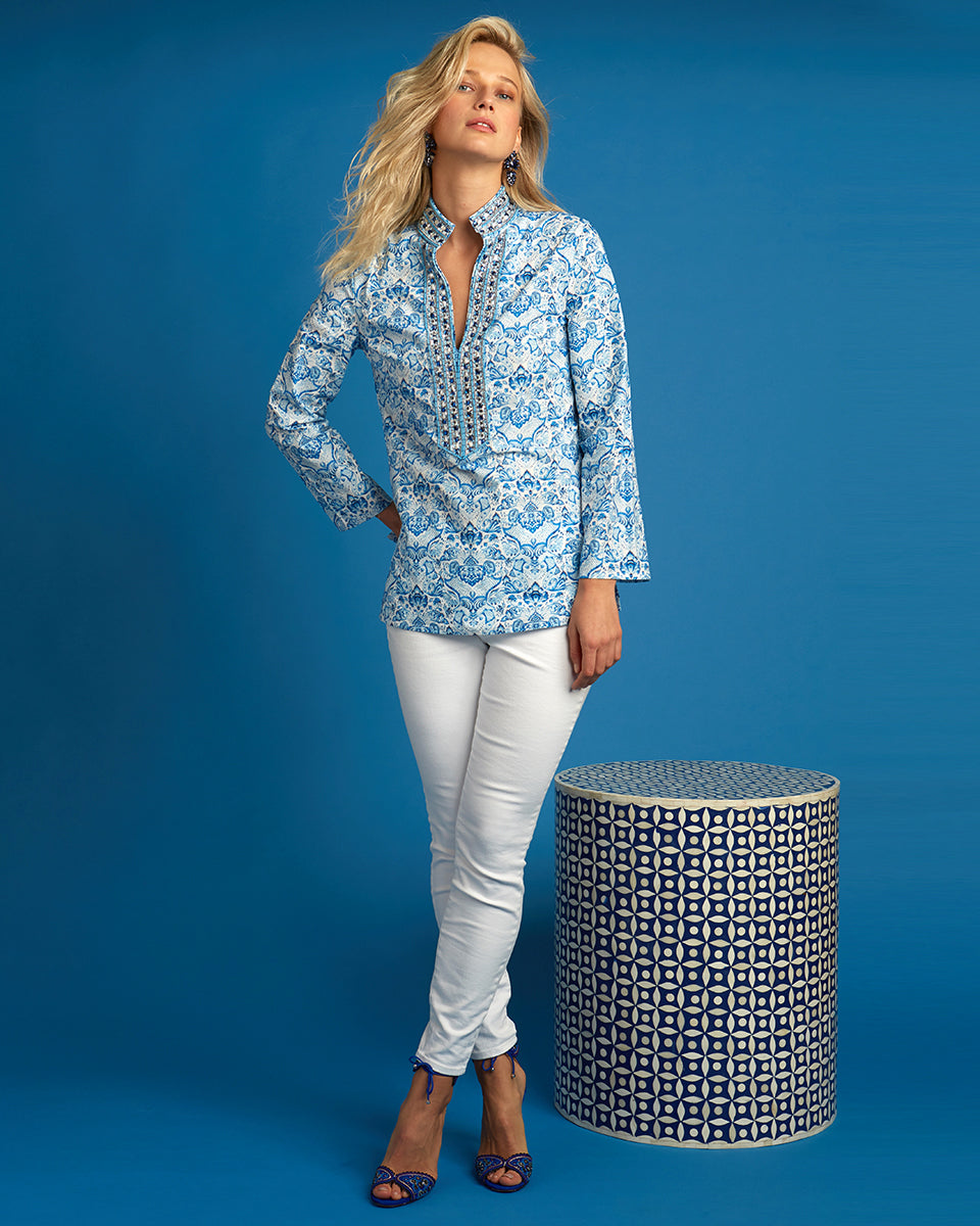 Shalimar Tunic in Blue and White and Sapphire Crystal Embellishment