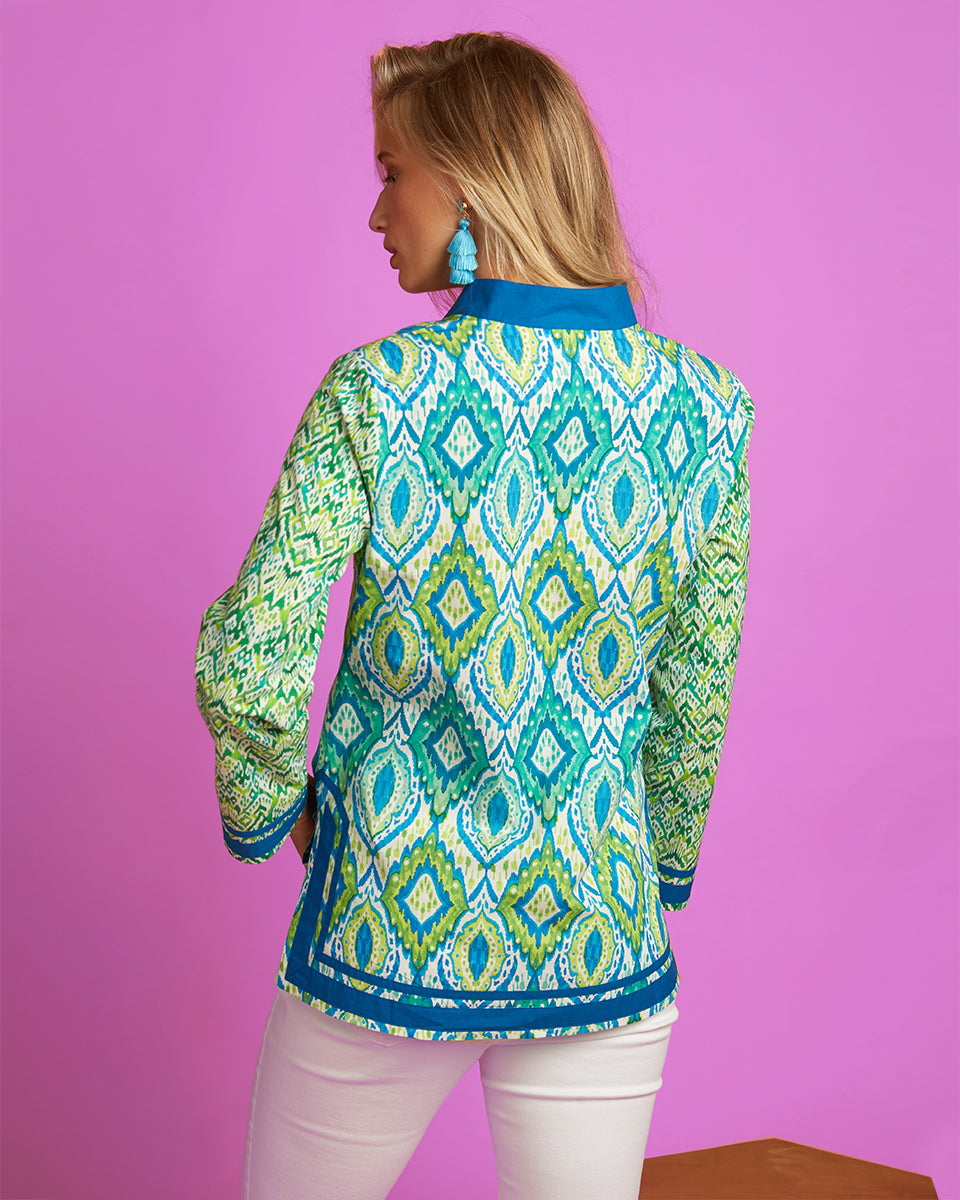 A back image of the Nicobar Tunic in Jungle Green Ikat