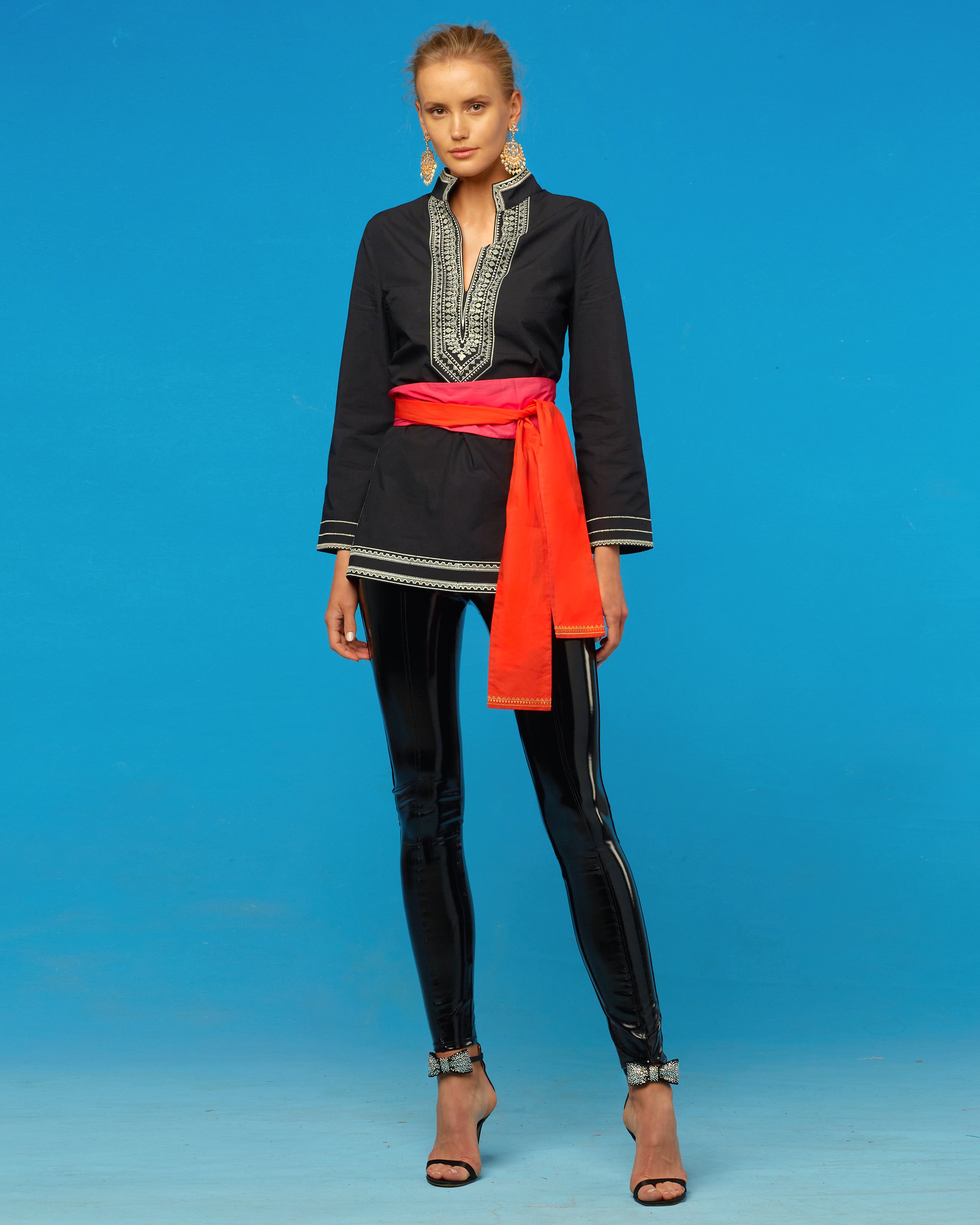 Maharani Tuxedo Tunic in Black and White  with Bright Colored Sash Belt